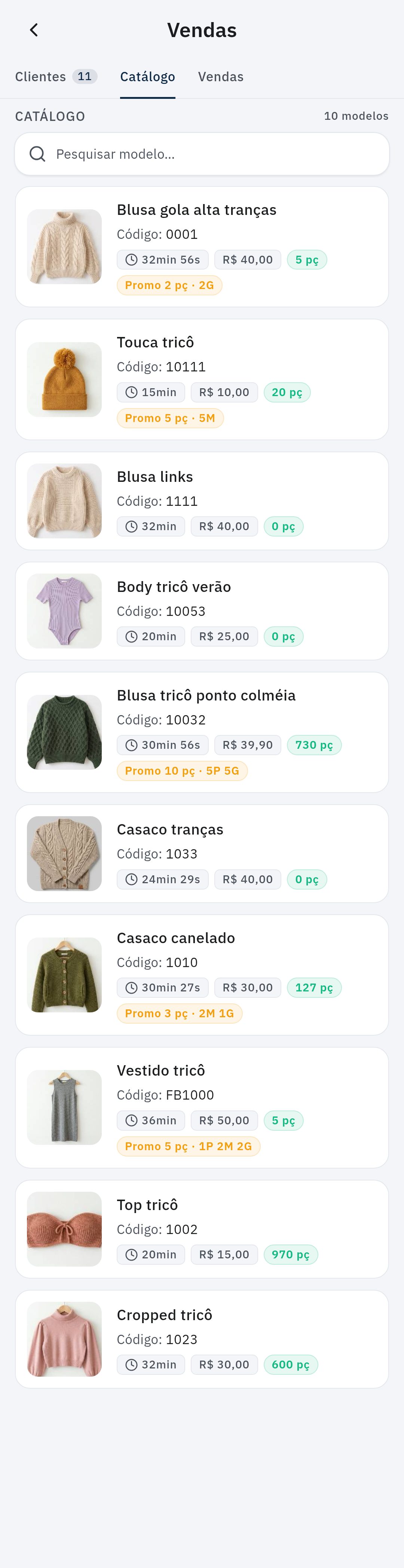 Catálogo de modelos para o vendedor no FichaBase, com preço e estoque