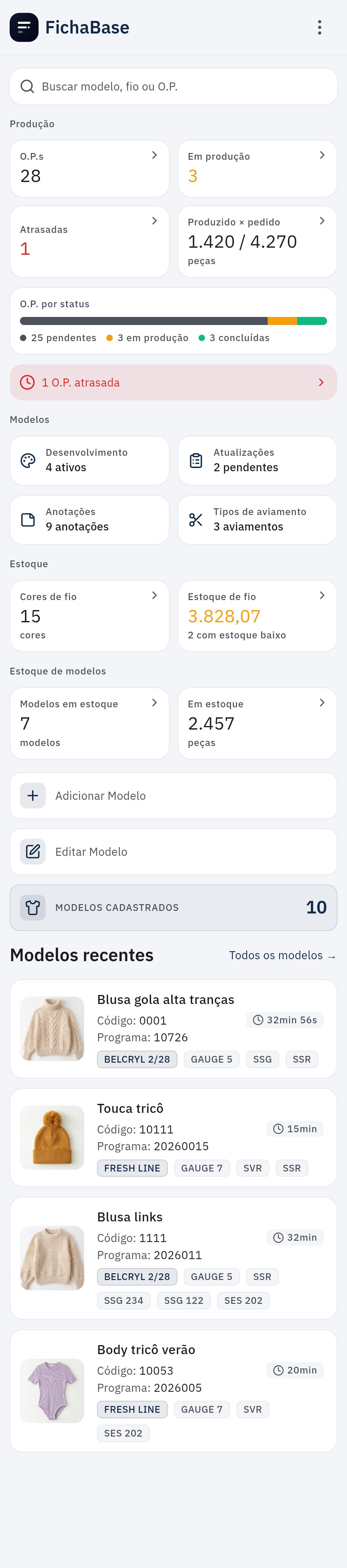 Painel da versão Full no celular, com ordens em produção, estoque de fio e peças prontas
