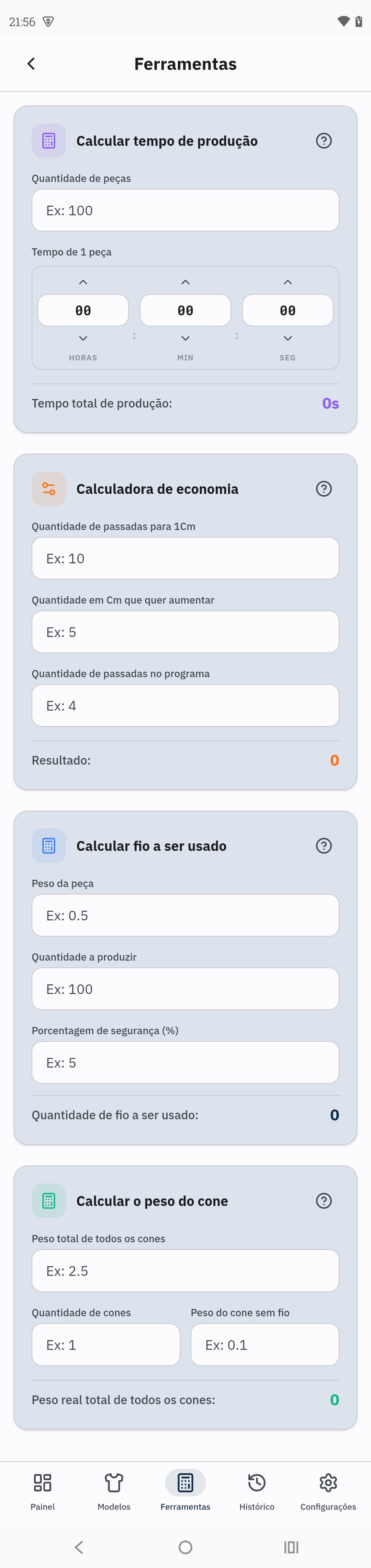 Calculadoras de produção do FichaBase no celular