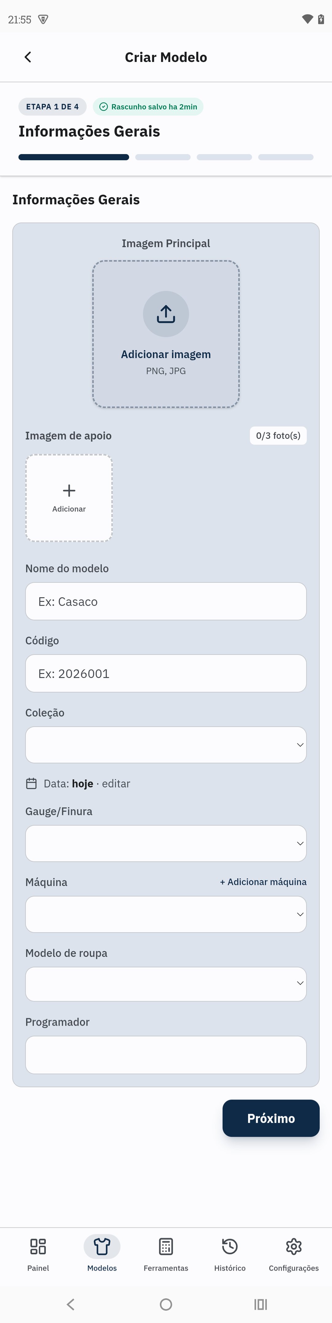 Formulário de cadastro de modelo no FichaBase
