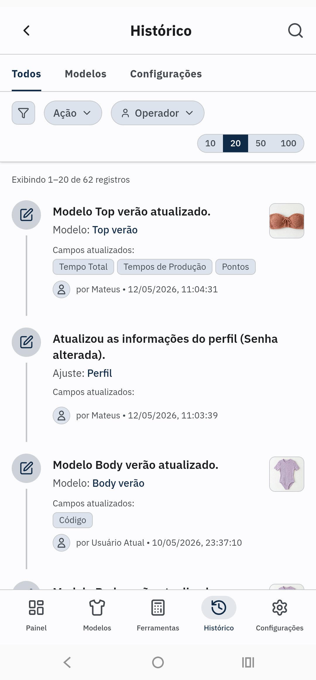 Histórico de alterações do FichaBase no celular