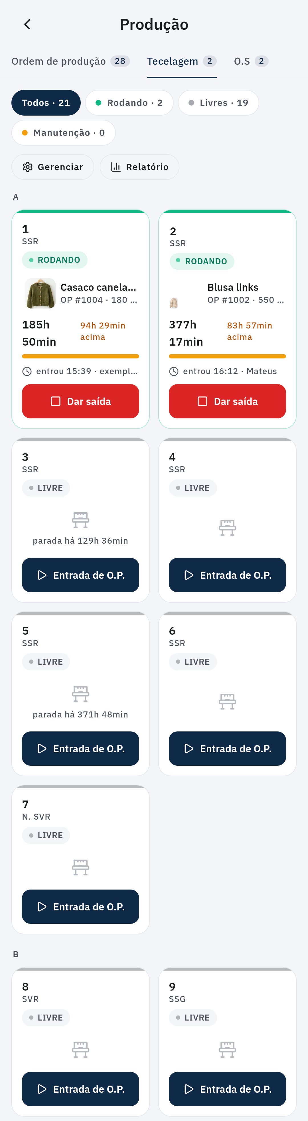 Quadro de máquinas por setor, com cronômetro em cada máquina