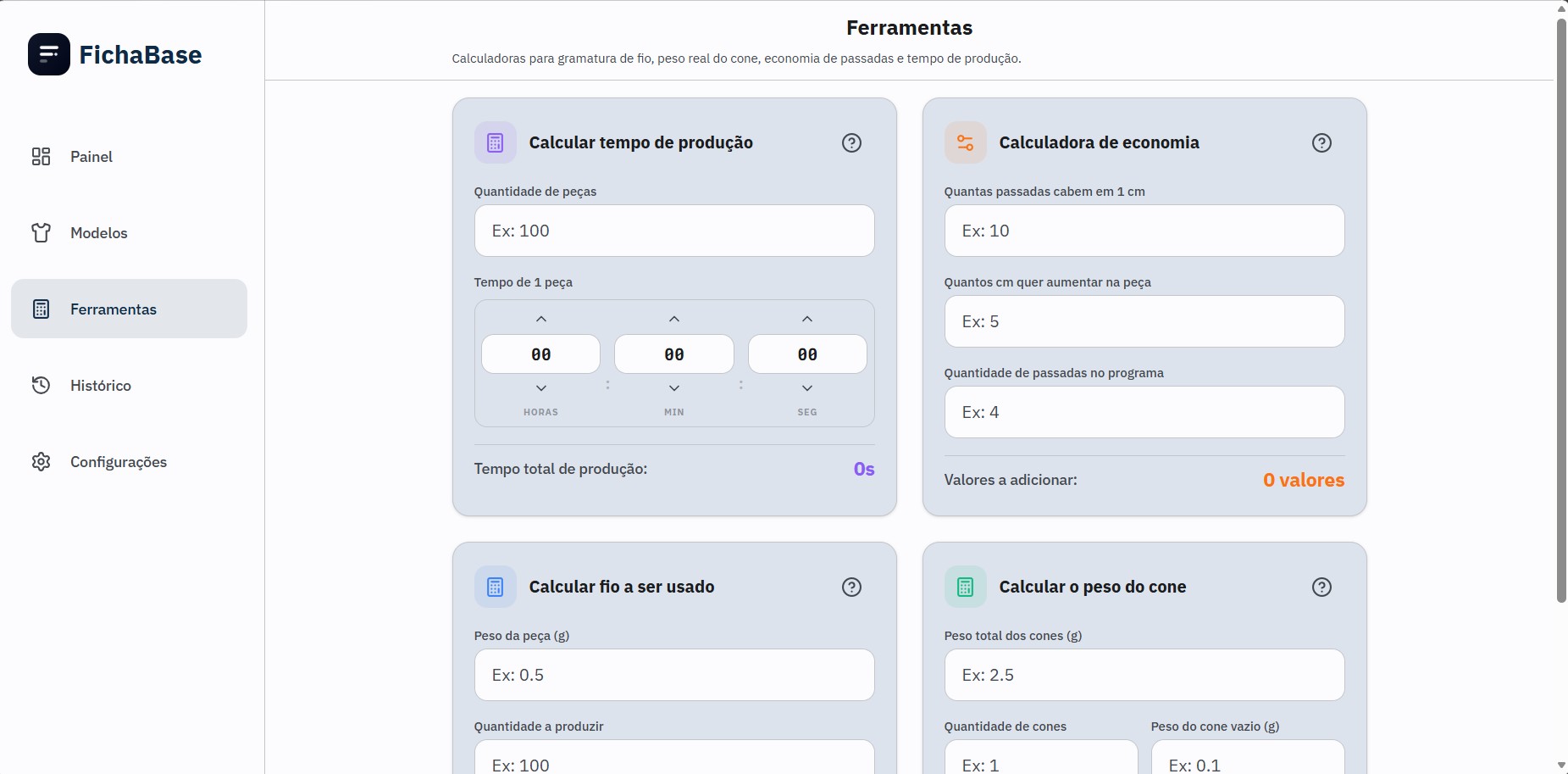 Calculadoras de produção do FichaBase — versão web
