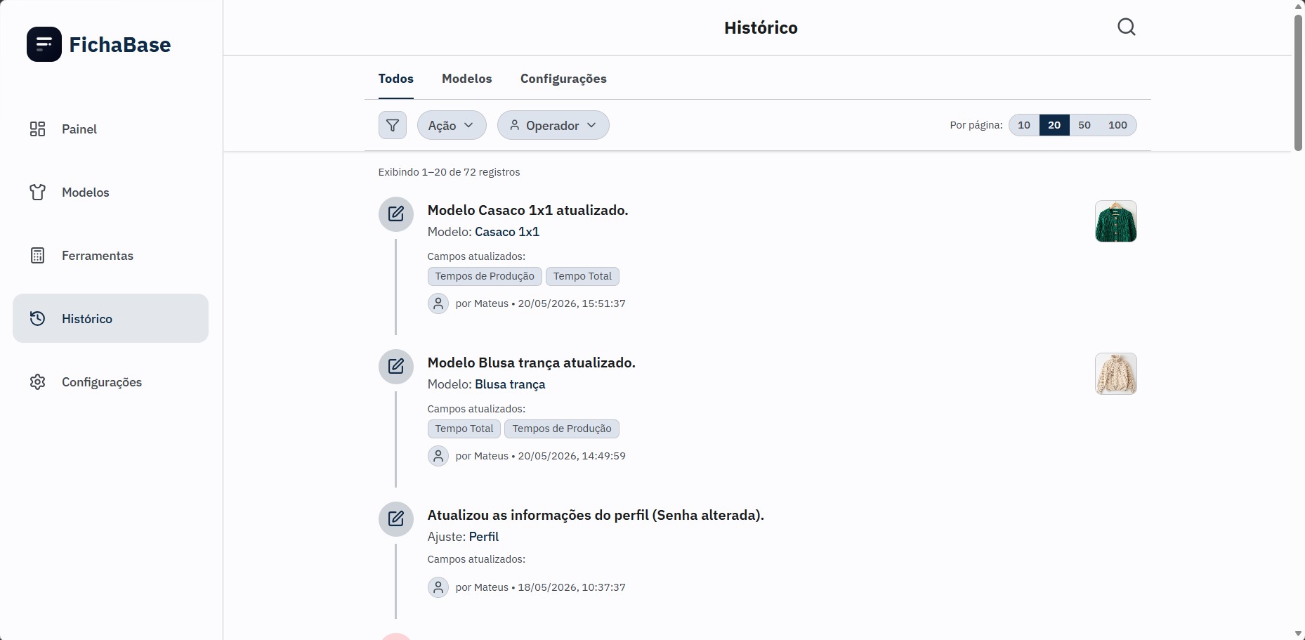 Histórico de alterações do FichaBase — versão web