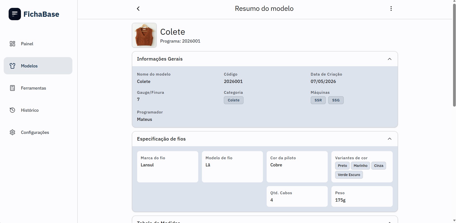 Ficha técnica de um modelo no FichaBase — versão web